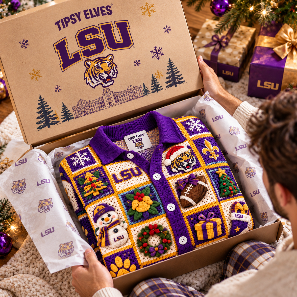 LSU Premium 3D Christmas Crochet Patchwork Cardigan NTNA