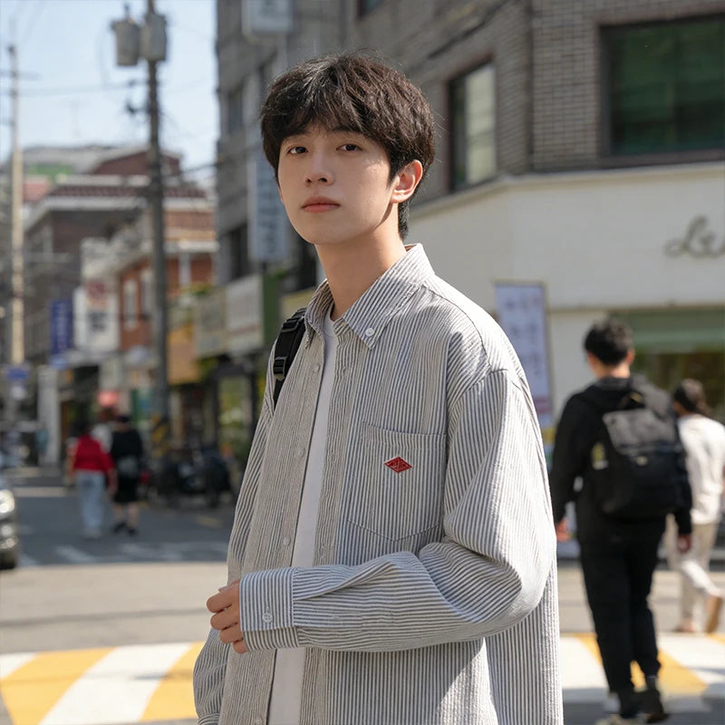Men's Pocket Embroidery Button Long Sleeve Shirt Pure Cotton Casual Striped Plaid Unisex Spring Summer Breathable Comfortable