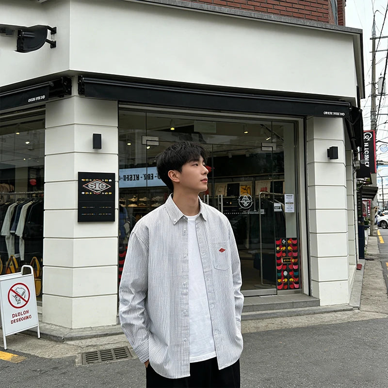 Men's Pocket Embroidery Button Long Sleeve Shirt Pure Cotton Casual Striped Plaid Unisex Spring Summer Breathable Comfortable