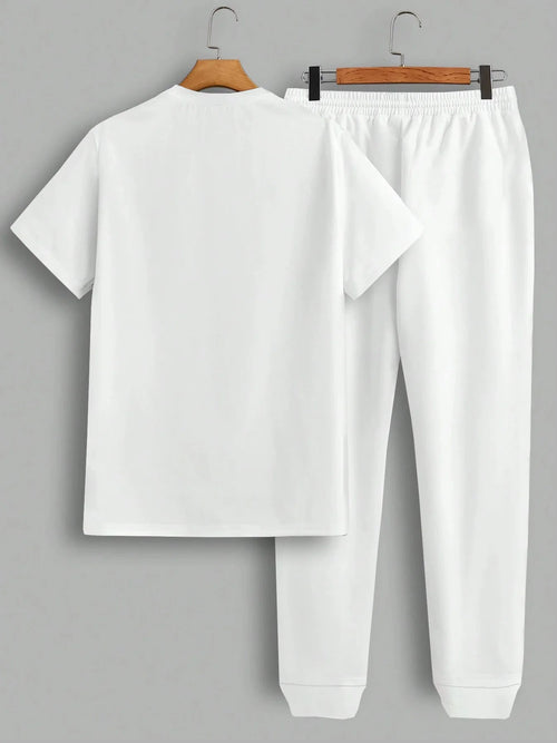 Fashionable men's polyester micro elastic letter print breathable round neck T-shirt pants set summer outdoor casual sportswear