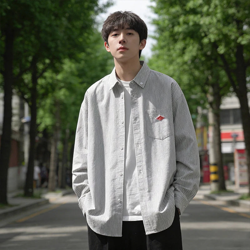 Men's Pocket Embroidery Button Long Sleeve Shirt Pure Cotton Casual Striped Plaid Unisex Spring Summer Breathable Comfortable